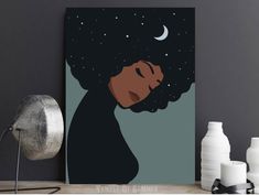 Black woman printable wall art, african american girl with a starry sky in her hair, natural hair art, boho wall art, boho moon and stars.After payment send me a message with your email and I will send you the files.How to use digital artworkDownload your files, print at home, at your local print shop, or upload the files to an online printing service, frame and hang. This is an instant download digital file purchase and no physical product will be shipped. Please feel free to contact me if you Boho Gallery Wall, Natural Hair Art, Black Art Painting, Afrocentric Art, Art African, Afro Art, Magic Art, Hair Natural, Mini Canvas Art