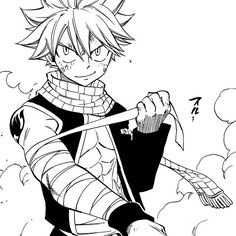 an anime character holding a knife and looking at the sky with clouds in the background