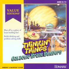 an old computer game cover with the title thinkin'things galactic brain benders