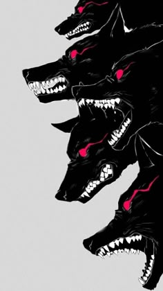 three black wolfs with red eyes and fangs on their mouths are shown in this artistic illustration