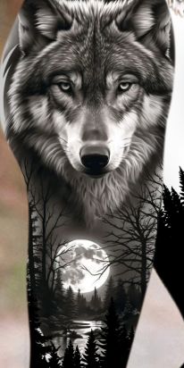 an image of a wolf standing in the woods with trees and moon on it's face