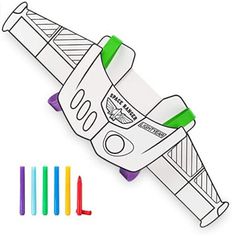 a drawing of an electric toy with colored markers on the side and four different colors to choose from