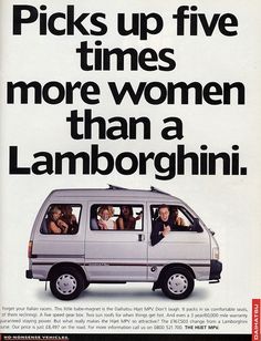 an advertisement for the vw camper van with four women in it and one man driving