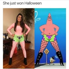 a woman in fishnet stockings and boots next to an image of a cartoon character