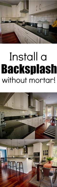 an image of a kitchen with white cabinets and black counter tops in the center is a breakfast nook