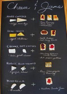 a chalk board with different types of cheeses on it and the words cheese & jams written in cursive writing