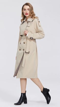 Womens Warm Windproof Trench Coat Casual Winter Outerwear With Belt, Winter Solid Gabardine Raincoat, Solid Gabardine Winter Raincoat, Winter Workwear Belted Raincoat, Winter Gabardine Outerwear With Belted Cuffs, Khaki Belted Utility Outerwear, Khaki Belted Gabardine Outerwear, Khaki Gabardine Belted Outerwear, Winter Beige Raincoat With Pockets