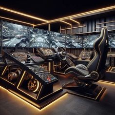 a room filled with lots of computer screens and gaming equipment on top of each other