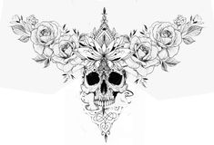 a black and white drawing of a skull with flowers on it's head, surrounded by roses