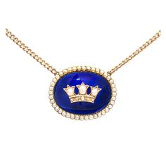 Victorian 18k yellow gold vivid cobalt blue enamel center pendant with natural pearl halo and crown center. Hand made in 14k yellow gold with a spring ring catch. Circa 1900's. Length 17 inches 39 natural half pearls, 3mm, white with silvery overtone, few blemishes and excellent lustre 3 natural white with silvery overtone half pearls, 5 x 4.5mm to 5.5 to 4.5mm, few blemishes and excellent lustre 5 natural white with silvery overtone half pearls 1.5 to 2mm, few blemishes and excellent lustre The Portrait Necklace, Art Nouveau Pendant, Star Charm Necklace, Pearl And Diamond Necklace, Gold Cross Pendant, Circle Diamond, Antique Necklace, Natural Pearl, Chain Necklaces