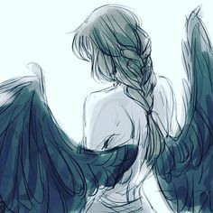 a drawing of an angel with long hair and black wings on the back of her body