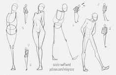 sketches of female mannequins with different poses and body shapes, from front to back