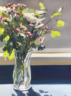 a painting of flowers in a vase on a window sill with sunlight coming through the windowsill