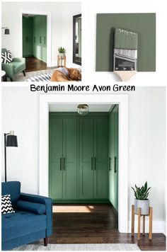 there are pictures of different rooms with green doors and furniture in the same color scheme