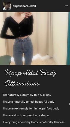 a woman is standing in front of a mirror with her hands on her hips and the caption says, appreciable body affirmationss