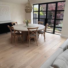 a dining room table and chairs in front of a large window