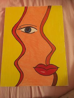 a painting of a woman's face with blue eyes and red lips on a yellow background