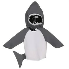 a gray and white stuffed animal with a shark on it's chest, wearing a hoodie