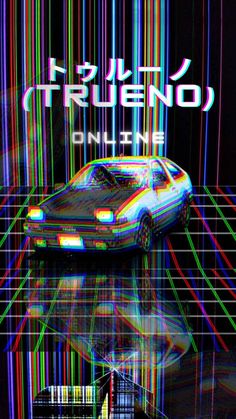 an image of a car driving on the road with neon lines in the back ground