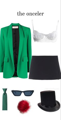 a woman wearing a green blazer and black skirt