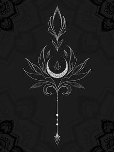 a black and white drawing of a flower on a dark background with an ornate design