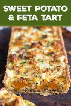 sweet potato and feta tart with caramelized onion on a cutting board