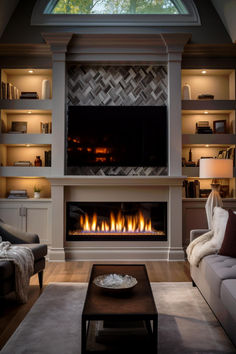 a living room with a fire place in the center and shelves on both sides that are built into the wall