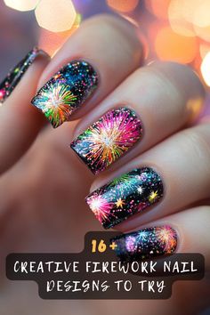 Celebrate in style with these 16+ festive firework nail art designs. Perfect for holidays and special occasions, these designs bring the magic of fireworks to your fingertips. From glittery finishes to intricate patterns, find the look that lights up your manicure. Click to explore these festive designs and find your next nail art inspiration. #FestiveNails #FireworkDesigns #NailArtInspo #CelebrationLooks #SparklingManicure #NailTrends #CreativeArt New Year Nail Design, How To Make Fireworks, Firework Nail Art, Daisy Acrylic Nails, New Year Nail, Chic Nail Art, Nail Pictures