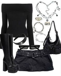 Evanescence Inspired Outfits, 2000s Rockstar Outfits, Stargirl School Outfits, Black And White Y2k Outfits, Outfit Idea Layout, Rockstar Gf Shoes, Outfit Ideas Rockstar Gf, Gothic Y2k Fashion, 90s And 00s Fashion