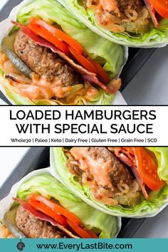 loaded hamburgers with special sauce on top