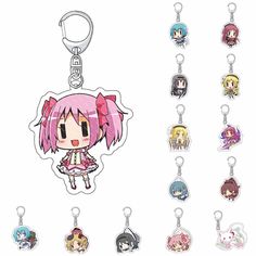 an assortment of key chains with anime characters on them, all in different colors and sizes