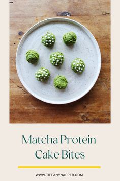 matcha protein cake bites on a white plate