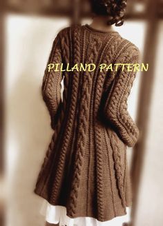 Cable Knit Coat Sweater Knitting Pattern Aran by PillandPattern, €4.90 Sweater Coat Knitting Pattern, Large Cardigan, Cable Sweater, Coat Patterns, Knitted Coat, Long Sweaters Cardigan, Sweater Knitting Patterns, Merino Wool Sweater, Brown Sweater