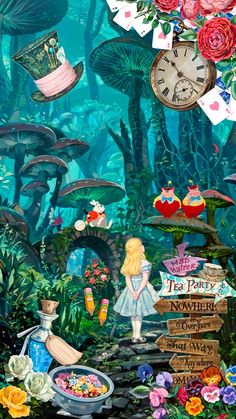 a painting of alice in the forest with flowers and other things to eat on it