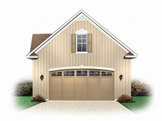 a two car garage with an attached front porch and large windows on the top floor