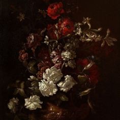 a painting of flowers in a vase on a table