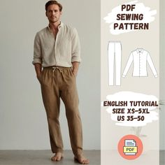 a man standing in front of a white wall with the text english sewing pattern on it