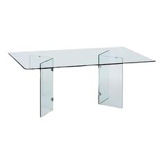 a clear glass table with two legs and one leg on the end, against a white background