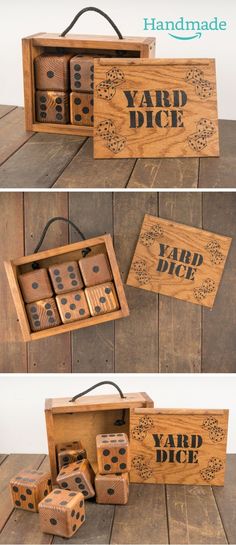 the wooden box has dices in it and is labeled yard dice with black lettering