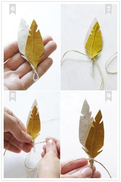 four pictures showing how to make an ornament out of fabric and paper leaves