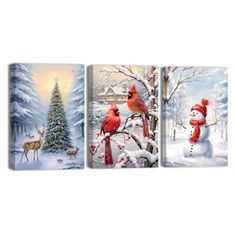 three paintings of cardinals and snowmen in the woods