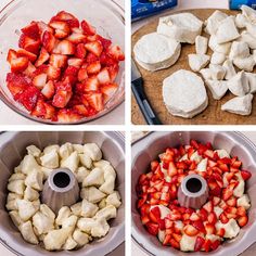 four pictures showing how to make strawberry shortcakes