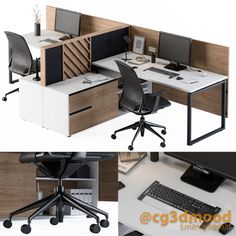 an office cubicle with two desks and one computer on the other side, is shown in three different views