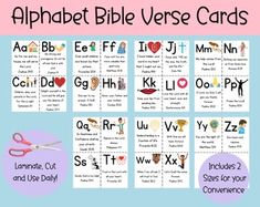 the alphabet bible verse cards are shown with scissors and other items to use them for learning