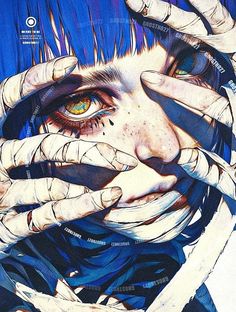 an artistic painting of a woman with her hands in front of her face and eyes