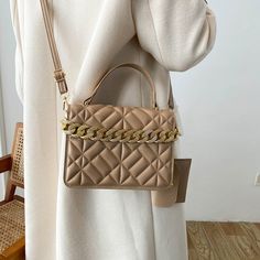 Luxury Beige Square Bags, Beige Tote Bag With Chain Strap, Luxury Beige Square Flap Bag, Chic Handheld Beige Flap Bag, Elegant Bags With Chain Strap For Errands, Beige Square Flap Bag With Removable Pouch, Chic Handheld Flap Bag In Beige, Chic Beige Handheld Flap Bag, Elegant Beige Box Bag For Errands