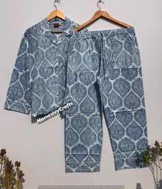 Hand block Print Pajamas/Adult PJ Set/Wedding Gift/ Cotton Pajama Set/Ladies Night Wear/PJs For Women/Gift For her. * Made of 100% cotton * Hand Block printed * Naturally occurring dye variations are found on all hand printed textiles, making each piece unique. S, M, L, XL, XXL S size Inches (approx) Shirt - Pajama Length:24 - Length:39 Bust:40 - waist up to:44 Sleeve:22 - Hip Round:12 Shoulder:15 - Pocket:2 Arm Hole:16 - Pocket :1 M Size Inches(approx) Shirt - Pajama: Length:24.5 Length:39 Bust Blue Cotton Sets With Long Pants, Traditional White Sleepwear For Loungewear, Traditional White Sleepwear, Cotton Block Print Sets For Pajama Party, Block Print Long Sleeve Sleepwear For Loungewear, Relaxed Fit Block Print Sleepwear For Loungewear, Traditional Cotton Sleepwear For Home, Traditional Cotton Sleepwear For Loungewear, Traditional Cotton Sleepwear For Lounging