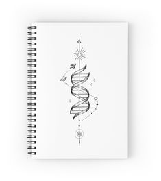 a spiral notebook with an abstract design on the front and back cover, in black ink