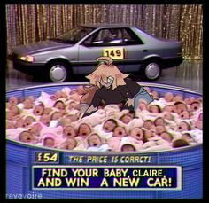 an old tv screen with a car and people in the audience behind it that says find your baby, claire, and win a new car