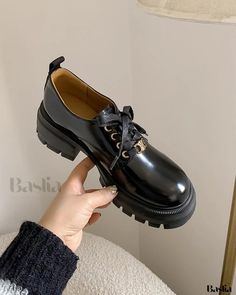 Baslia - High-Quality Leather Lace-up Loafers with Sturdy Platform Soles for Height Enhancement, Adorned with Chic Metal Buckle Accent Patent Leather Lace-up Shoes With Round Toe For Work, Trendy Flat Heel Lace-up Office Shoes, Platform Lace-up Shoes For Work With Round Toe, Office Lace-up Shoes With Lug Sole And Round Toe, Trendy Round Toe Lace-up Shoes For Office, Office Lace-up Loafers With Lug Sole, Trendy Closed Toe Lace-up Office Shoes, Closed Toe Platform Lace-up Shoes For Work, Patent Leather Round Toe Lace-up Shoes For Work